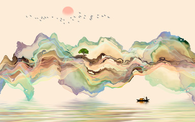 Inkt landschap decoratie illustratie abstracte lijn poster achtergrond