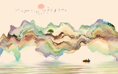 Rolgordijnen Inkt landschap decoratie illustratie abstracte lijn poster achtergrond © guoquan