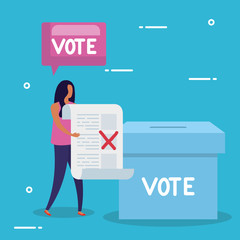 business woman with ballot box and speech bubble vector illustration design