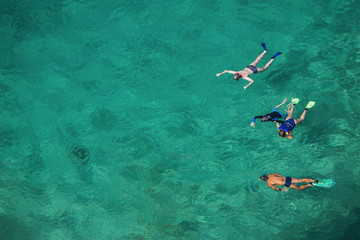 three people swimming in the sea