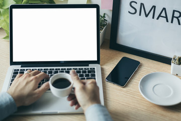 mockup image blank screen computer with white background for advertising text,hand woman using laptop contact business search information on desk at office.marketing and creative design