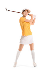 Beautiful female golfer isolated on white