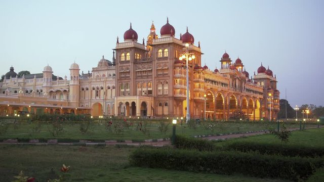 India, Karnataka, Mysore, City Palace, illuminated at night