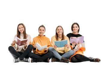 Young women with books on white background