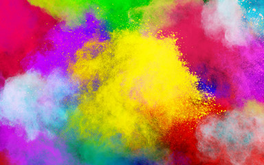 Obraz na płótnie Canvas Colorful powder explosion on white background. Colored cloud. Colorful dust explode. Paint Holi.