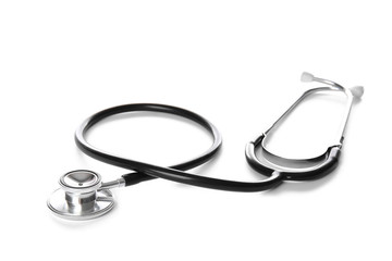 Modern stethoscope on white background