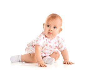 Portrait of cute baby on white background