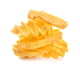 Tasty potato chips on white background