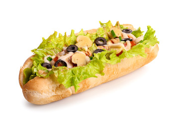 Tasty hot dog on white background