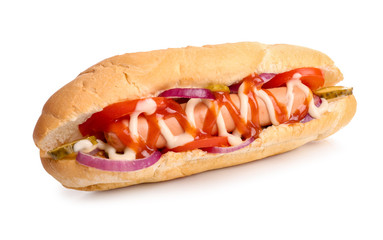 Tasty hot dog on white background
