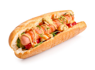 Tasty hot dog on white background