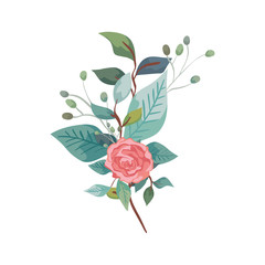 cute rose with branches and leafs isolated icon vector illustration design