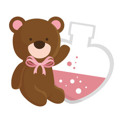 cute teddy bear and fragrance with heart bottle vector illustration design