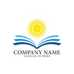 Fototapeta premium Open book and sunshine. Concept logo design. Symbolizes the great power of knowledge, the light of education, development of knowledge, and educational ideals.