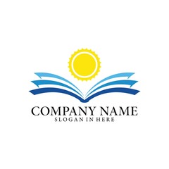 Fototapeta premium Open book and sunshine. Concept logo design. Symbolizes the great power of knowledge, the light of education, development of knowledge, and educational ideals.