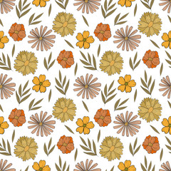 Flowers seamless pattern Yellow Orange flowers and green leaves on a white background summer pattern stock illustration