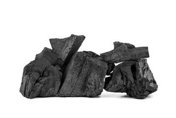 Natural wooden charcoal, Traditional or hard wood charcoal isolated on white background.