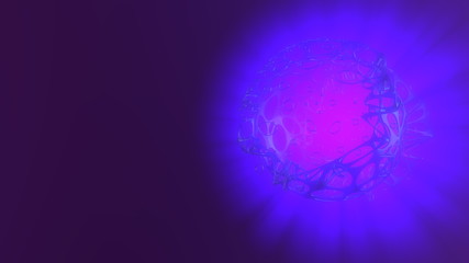 Abstract 3d rendering concept of high poly sphere with chaotic mesh grid cellular mulecular structure. Sci-fi background with polygonal shape in empty space with light god rays. Futuristic design bio