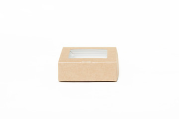 Eco kraft paper tableware. Fast food paper containers isolated on white background. Recycling concept. Zero waste.