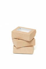 Eco kraft paper tableware. Fast food paper containers isolated on white background. Recycling concept. Zero waste.