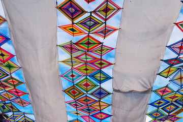 Colorful sunscreen curtains and blue sky background