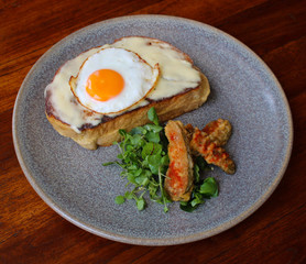 Croque Madam served with Fried Pickles