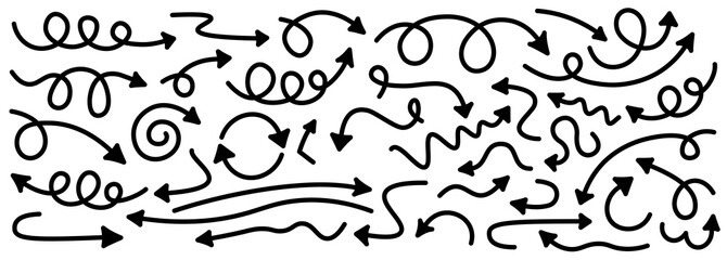 Set of black curved doodle arrows isolated on white background.