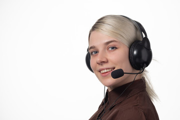 Support phone operator in headset, isolated on white.