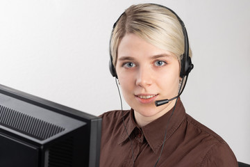 Support phone operator in headset, isolated on white.