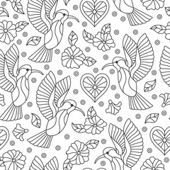 Seamless pattern with contour Hummingbird birds and flowers on a white background