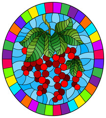 Illustration in stained glass style with red currants, clusters of ripe berries and leaves on a blue background, oval image in bright frame