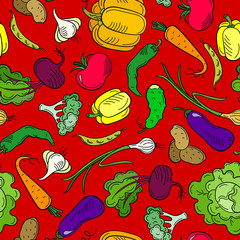 Seamless pattern on the theme of vegetables and healthy food, ripe bright vegetables on a red background