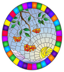 Illustration in stained glass style with a branch of mountain ash, clusters of berries and leaves against the sky with sun and clouds , oval image in bright frame