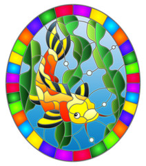 Illustration in stained glass style with a  fish carp koi  on the background of water and algae, oval image in bright frame