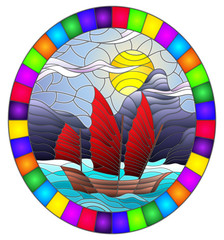 Illustration in stained glass style with the Eastern ship with red sails on the background of sky, sun and rocky shores