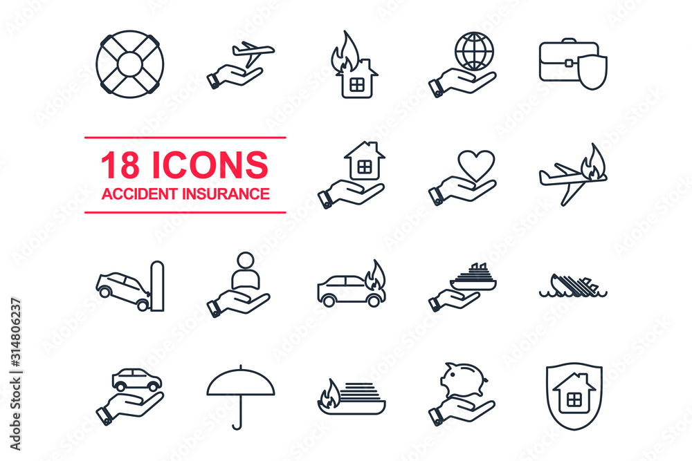 Poster set insurance icon template color editable. protection of health, life and property pack symbol vect