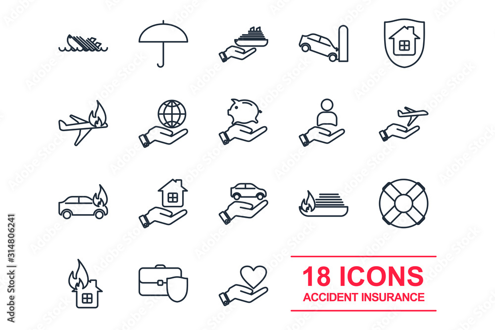 Poster set insurance icon template color editable. protection of health, life and property pack symbol vect