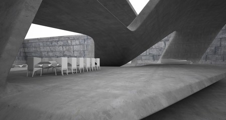 Abstract architectural concrete smooth interior of a minimalist house with swimming pool. 3D illustration and rendering.