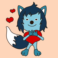 Emoticon with a funny happy wolf with blue wool in love that stands and presses his hands to his chest a big red heart, vector clip art on a pink isolated background