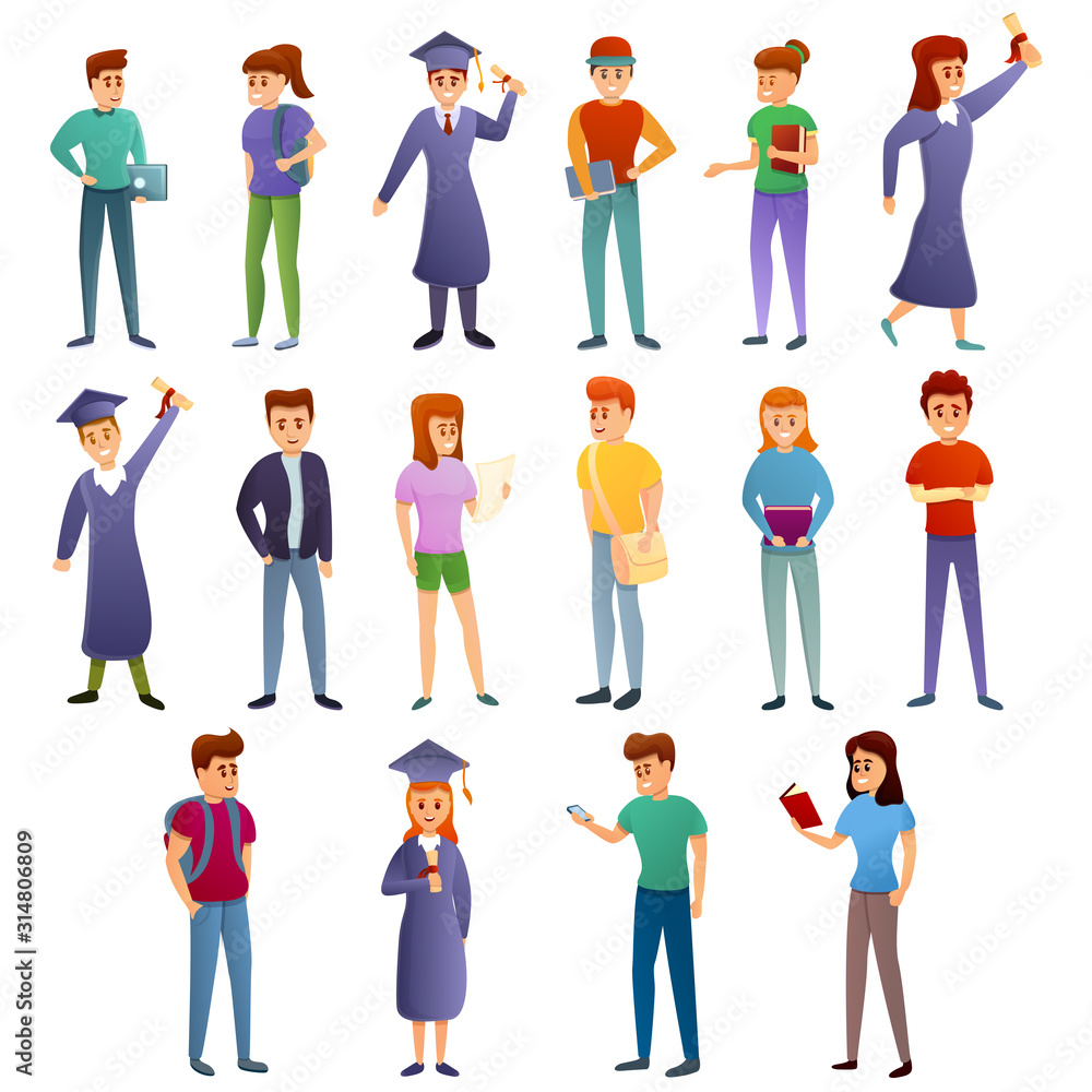 Poster university icons set. cartoon set of university vector icons for web design