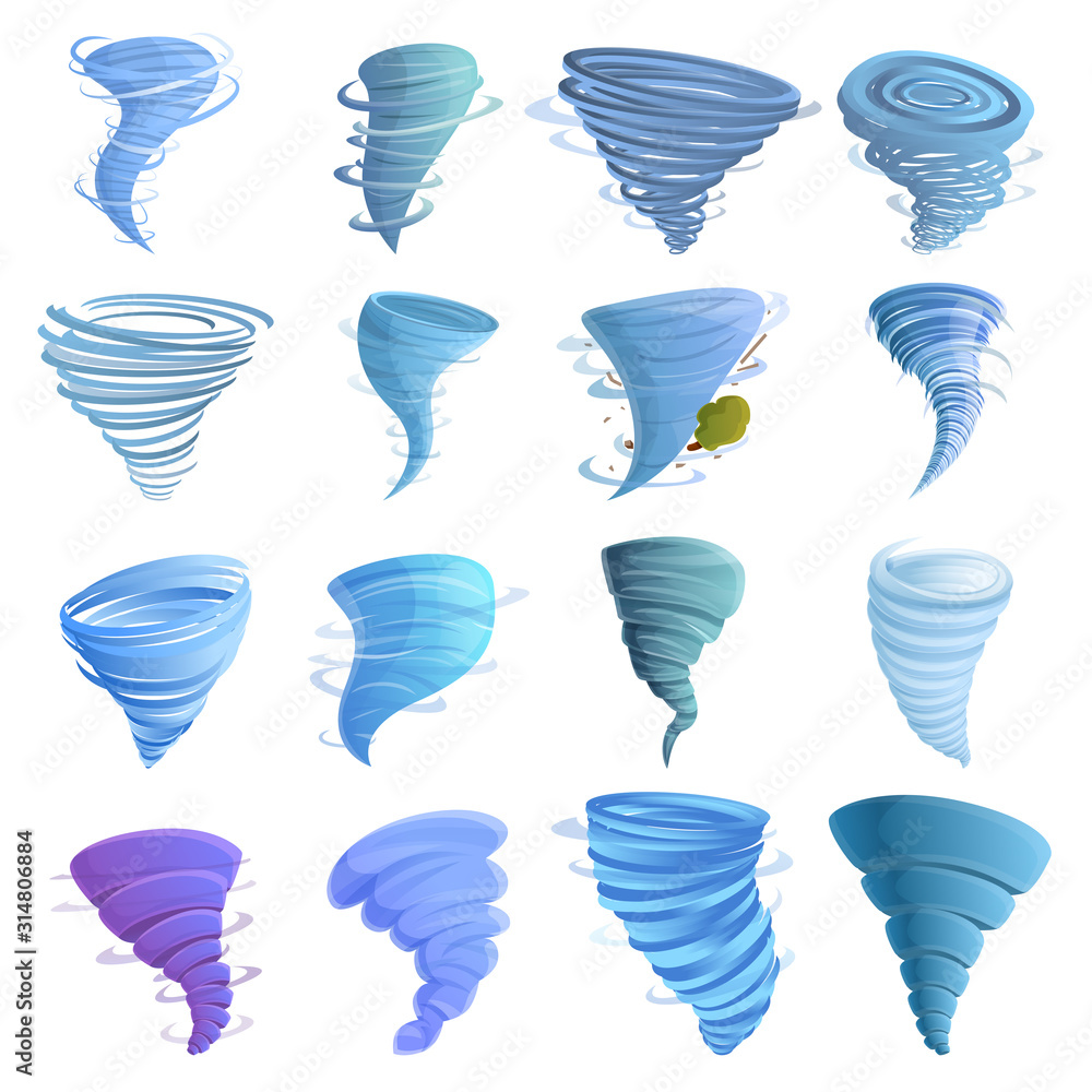 Poster tornado icons set. cartoon set of tornado vector icons for web design