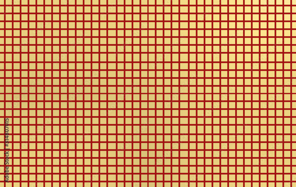 Poster 3d rendering. abstract golden grid square with red line wall background.