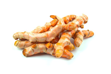 Raw turmeric (Curcuma longa Linn) ingredients for making herbal medicine isolated on white background.