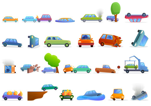 Car accident icons set. Cartoon set of car accident vector icons for web design