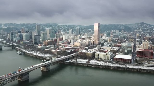 Aerial hyperlapse footage of Portland downtown and the bridges over the river