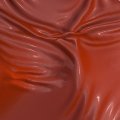 Abstract and shiny red luxury silk cloth in shape of liquid wave with folds. Satin or velvet material background in popular Lush Lava color. 3d illustration