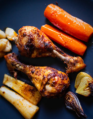 Barbecue chicken drumsticks with roast vegetables