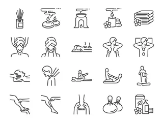 Foto auf Glas Spa line icon set. Included icons as relax, relieve, sleep, sound, touch, feeling and more. © antto
