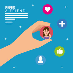 Fototapeta na wymiar refer a friend with hand and social media icons vector illustration design