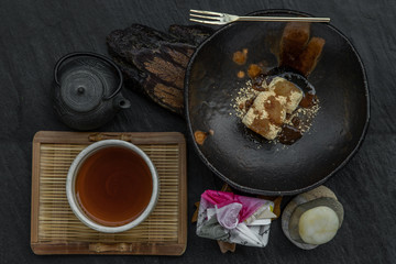 Japanese tradiitonal snack : Warabi mochi assortment with Tea traditional japanese, Selective focus.